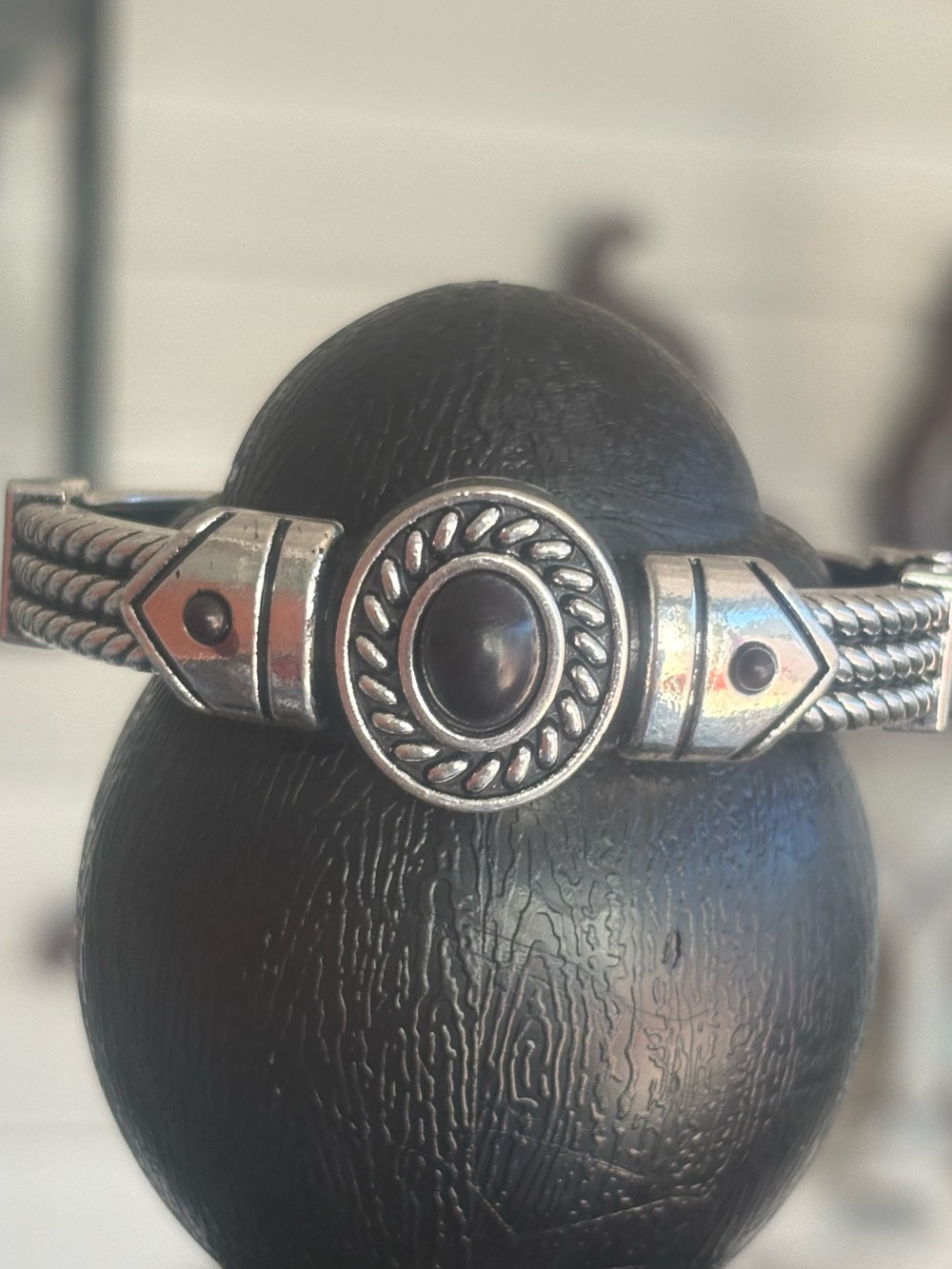 Silver-Tone Black Stone Braided Women's Bracelet